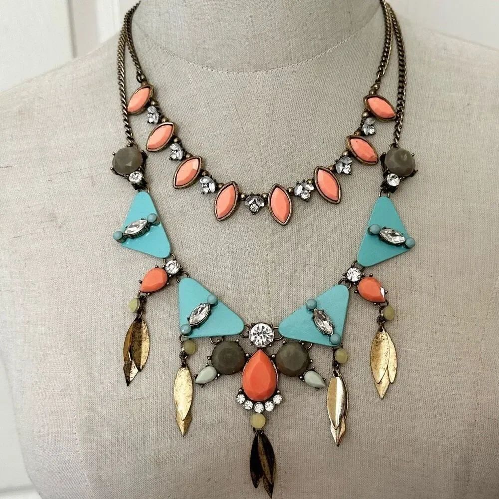 Blue and orange geometric multi strand statement necklace